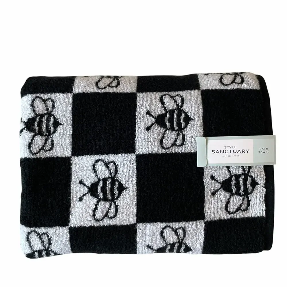 Chic Black & White Checkered BEE Bath Towel Set of 2 100% Cotton NEW